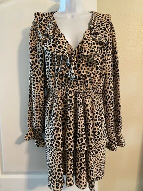 glam Beige and Black Long Sleeve Leopard Print Ruffle Dress
